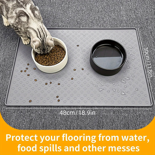 TESTE Silicone Paw Print Dog Feeding Mat, Anti-Overflow Raised Edge Pet Placemat for Dog Food and Water Bowl